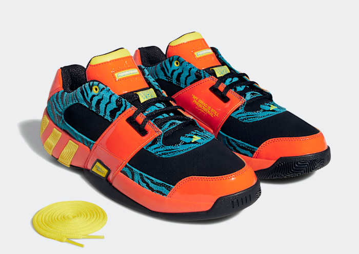 View of Gilbert Arenas' multi-colored Adidas shoes.